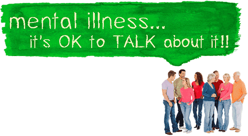 Group of people standing under speaking bubble "mental Illness - it's ok to talk about it"